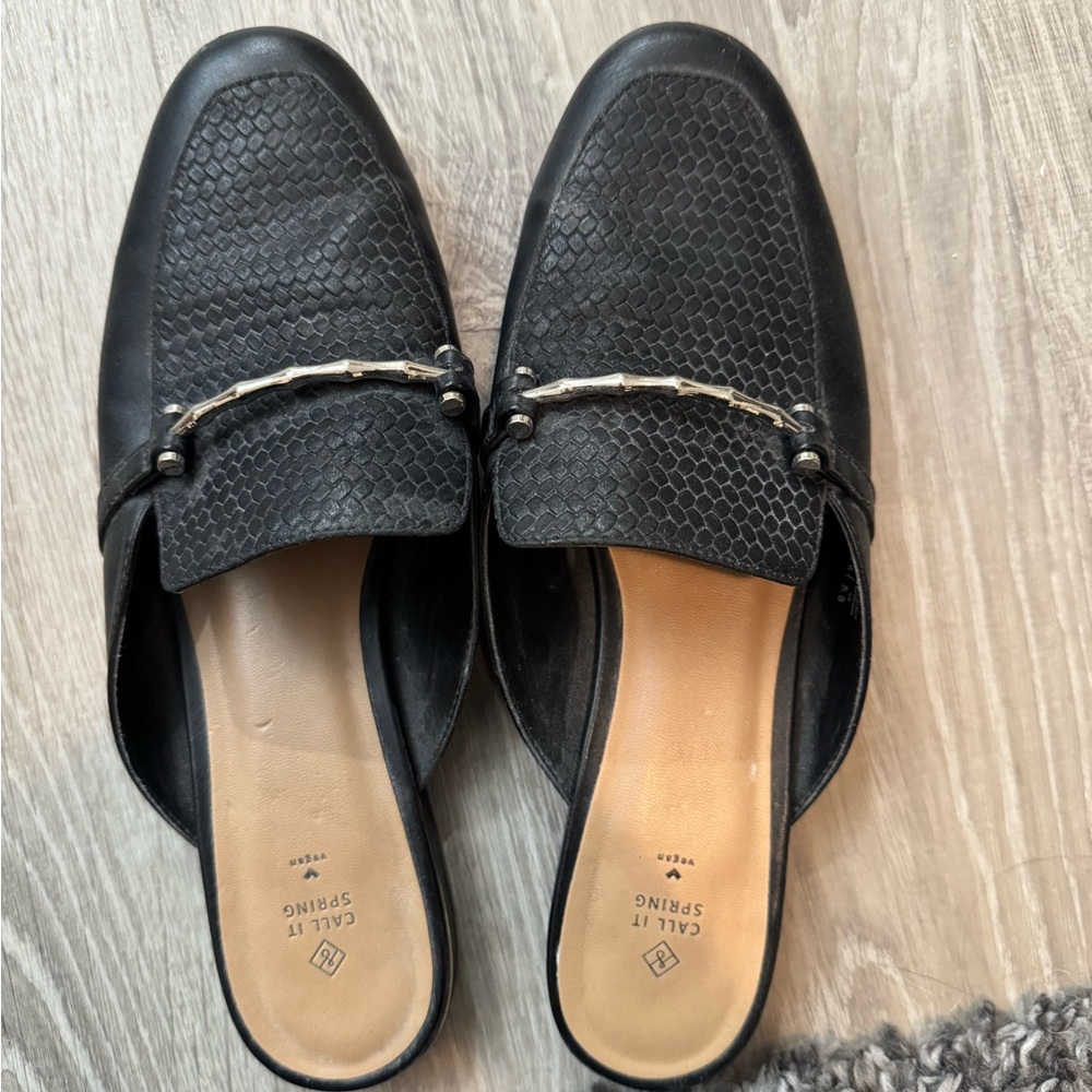 Call It Spring Textured Black Mules with Gold Detail